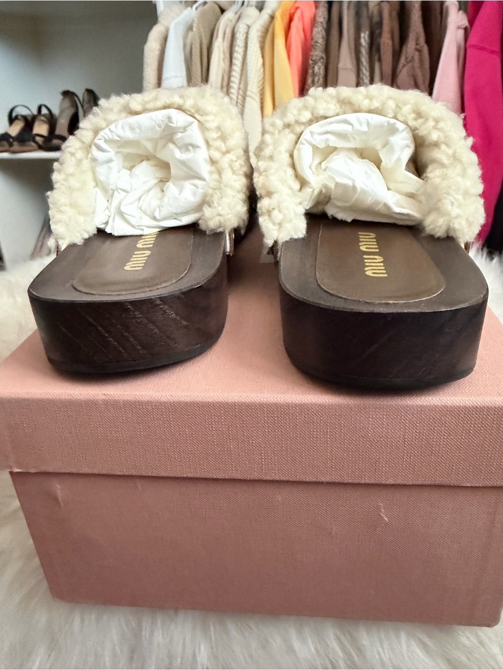 Miu Miu Brown Suede Shearling-Trim Slip-On Clogs - Picture 4 of 7